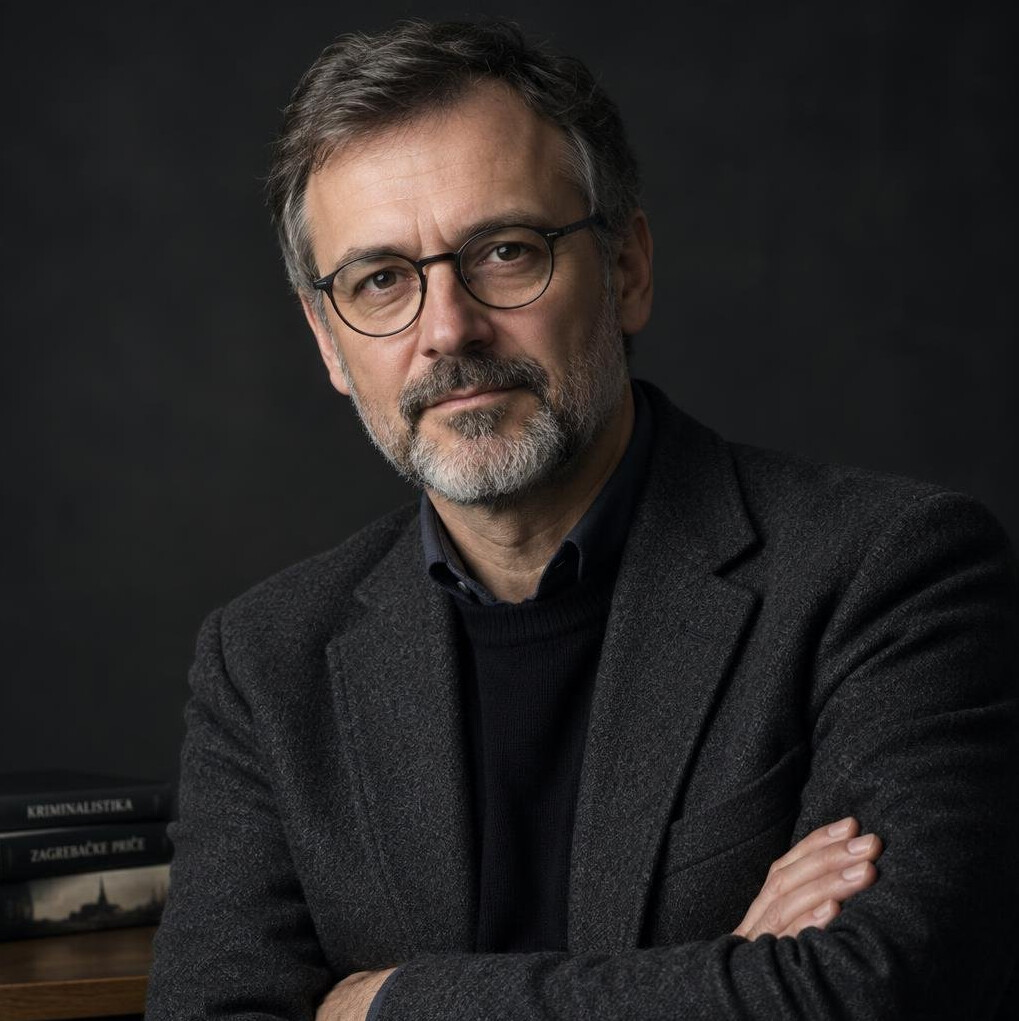 Studio portrait of a middle aged Croatian man with a beard and glasses in a dark jacket