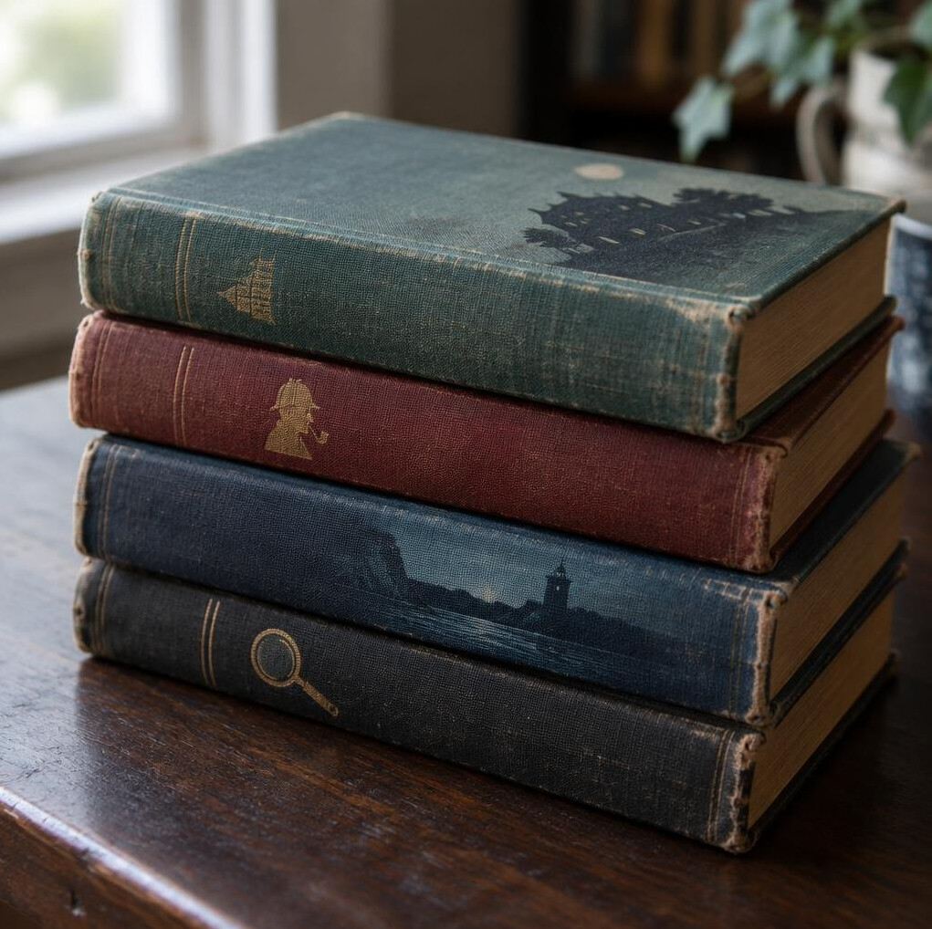 Stack of worn hardcover mystery novels on a wooden table