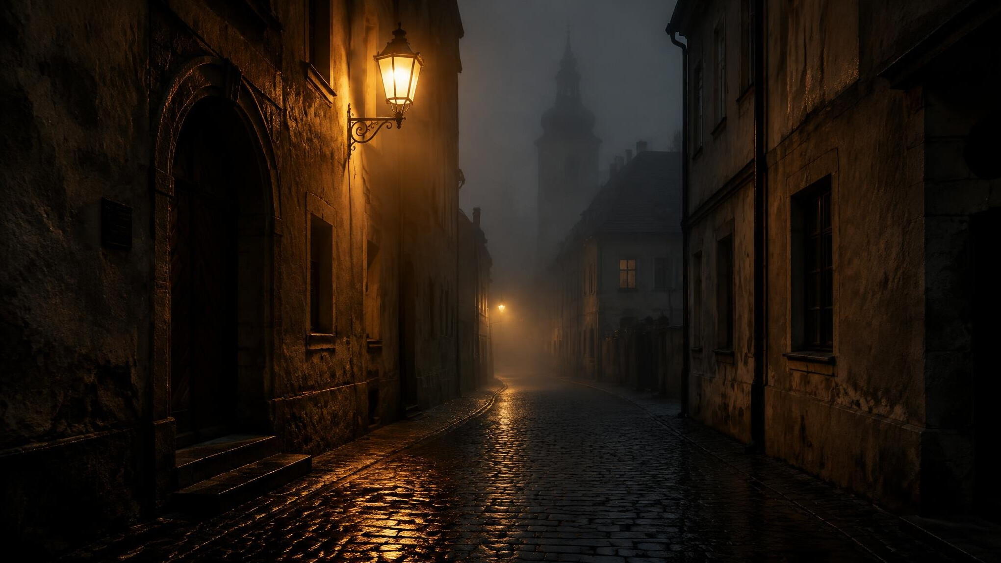Foggy cobblestone street at night with warm lamplight and wet pavement reflections