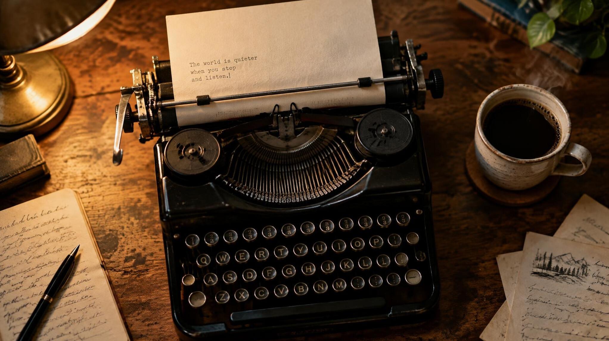 Vintage typewriter with a sheet of paper on a wooden desk next to a cup of coffee