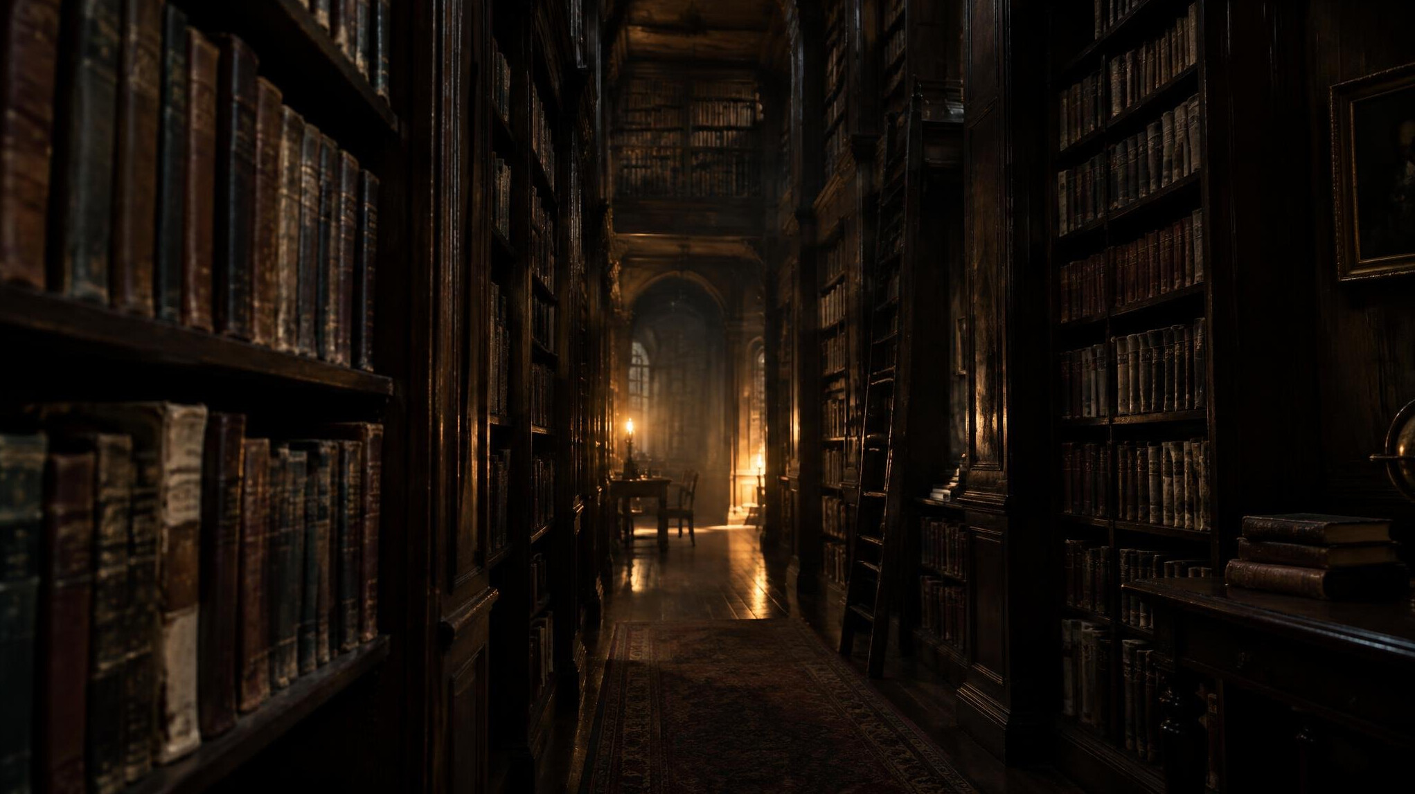 Dim old library interior with tall wooden bookshelves full of books