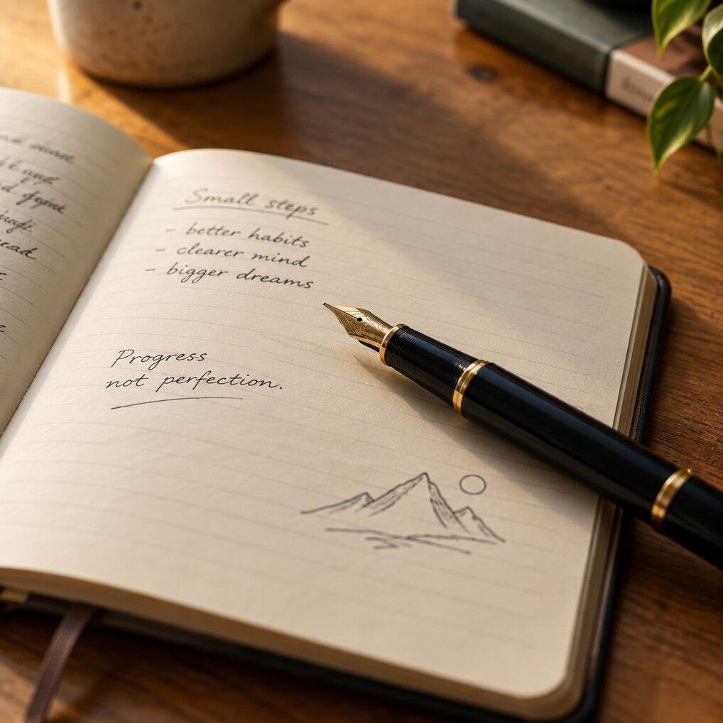 Open notebook with handwritten notes and a fountain pen on a wooden table